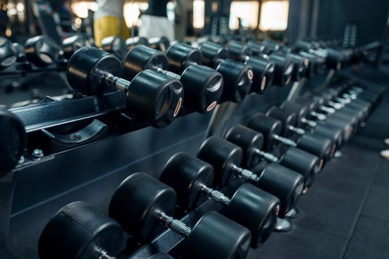 row of dumbbells in gym closeup nobody VM3VSDY 1 768x513