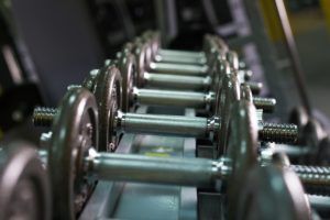 rows of dumbbells in the gym PF3ZH49 1 300x200